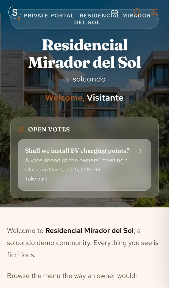 La portada del portal de demostración en inglés, en un móvil