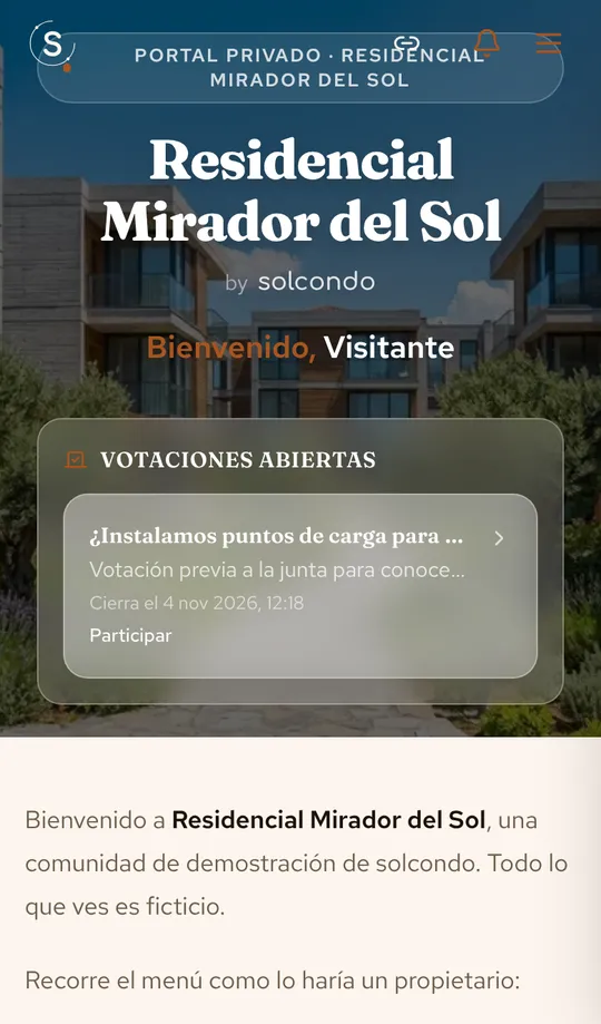 Captura del portal de demostración de solcondo: Inicio
