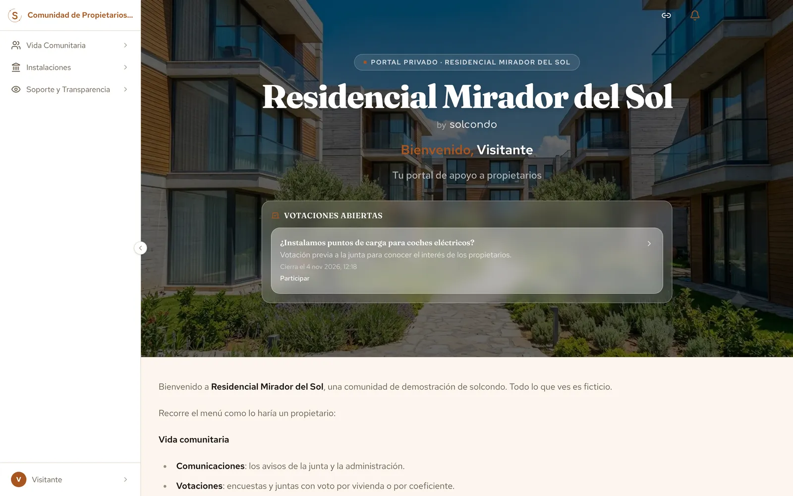 Captura del portal de demostración de solcondo: Inicio